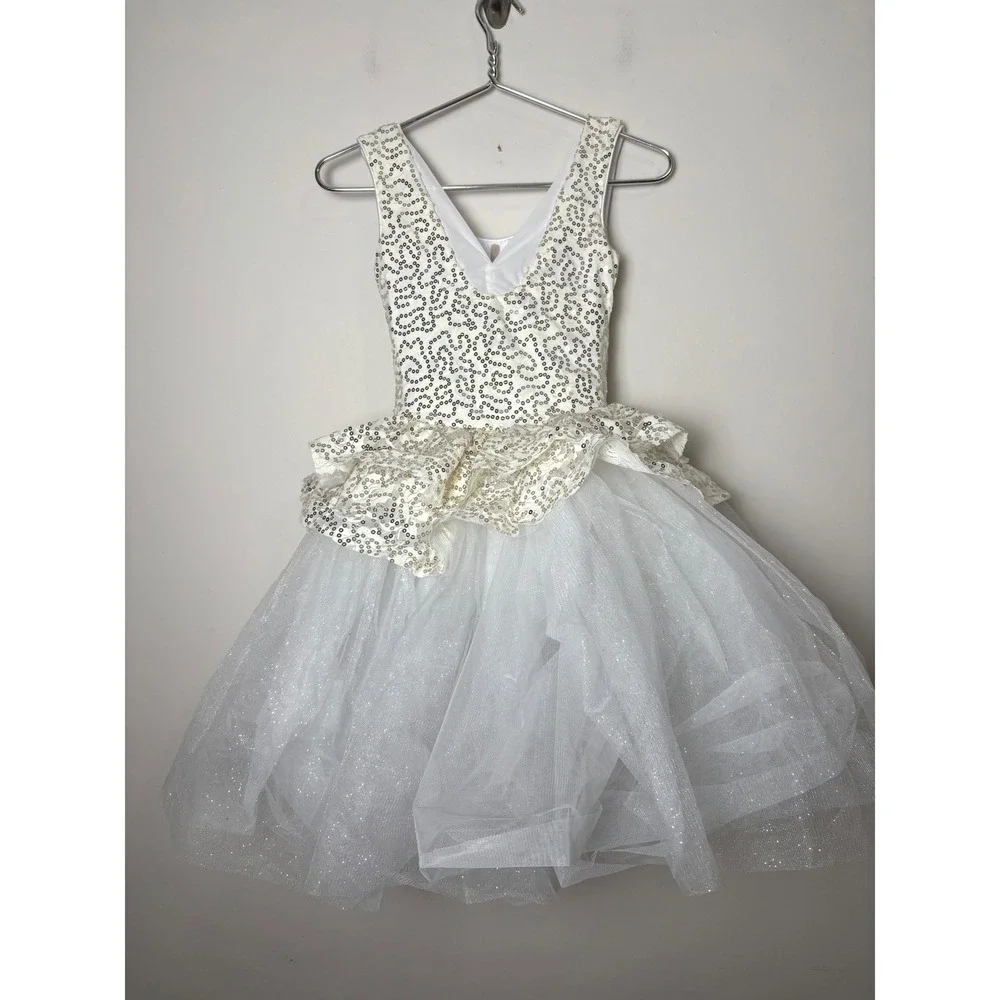 Weissman Kids Dance Costume Dress L White Gold Sequin Ballet Tutu Fairy Princess
